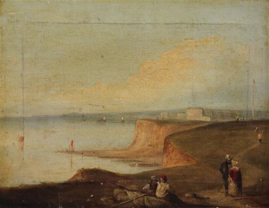 Early 19th century English School Figures along the coast, Brighton beyond, 11 x 14in., unframed